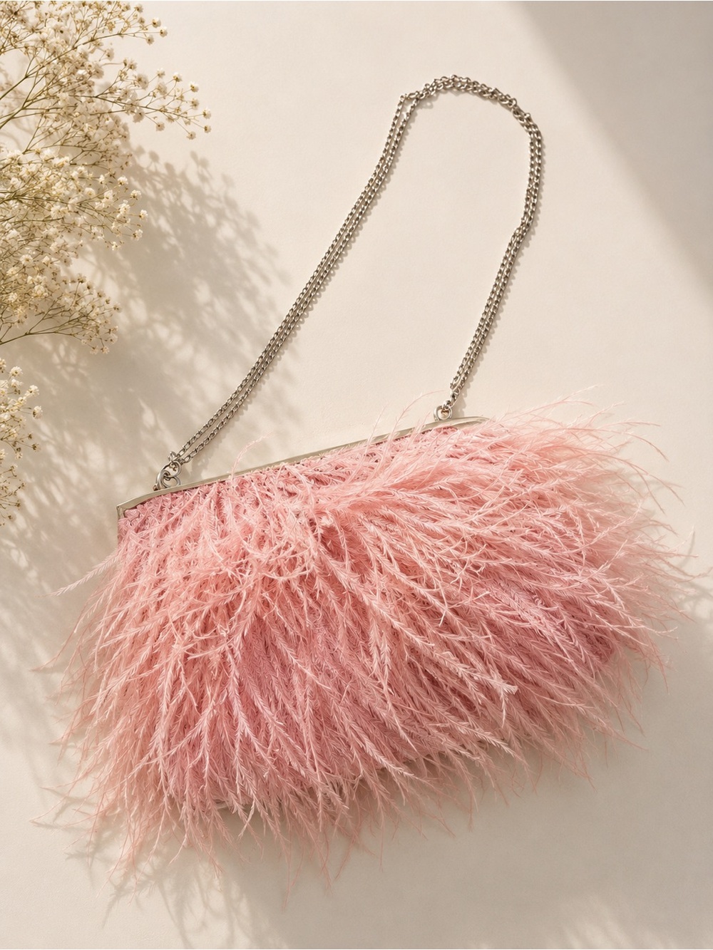 Pink Feather Chain-Handle Evening Bag